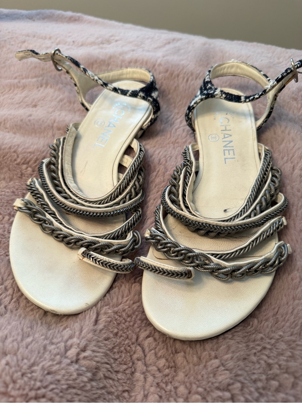 CHANEL Ivory Leather Sandals with Braided Metallic Straps